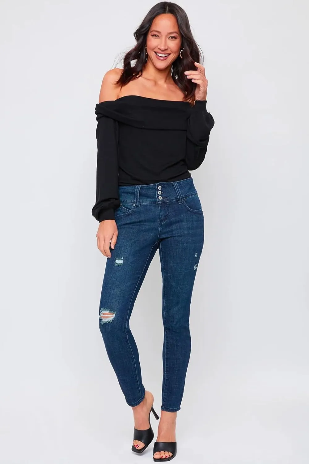 Royalty For Me Womens Women's Wannabettabutt Mid-Rise 3-Button Lycra Sustainable Jean