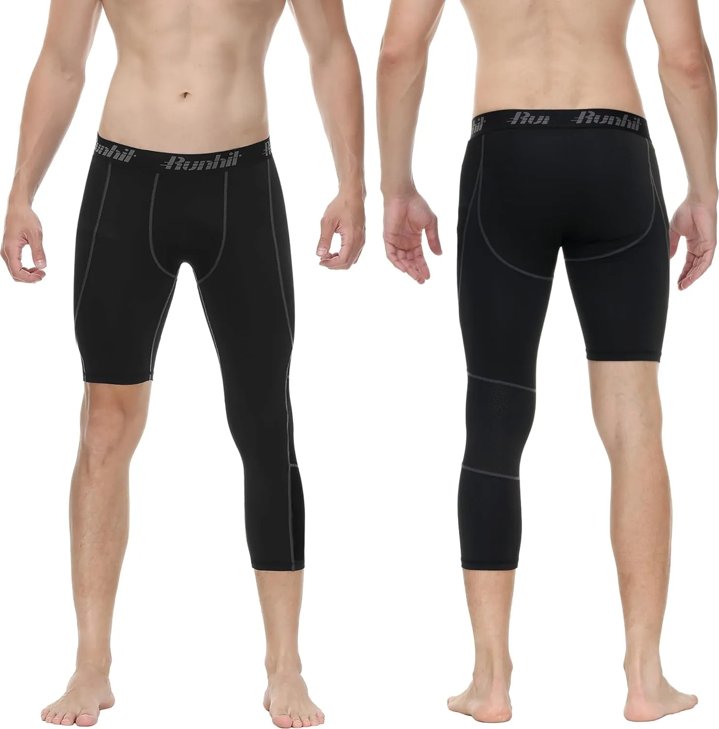 Runhit Men's 3/4 One Leg Compression Tights Single Leg Basketball Compression Pants Leggings Base Layer for Athletic