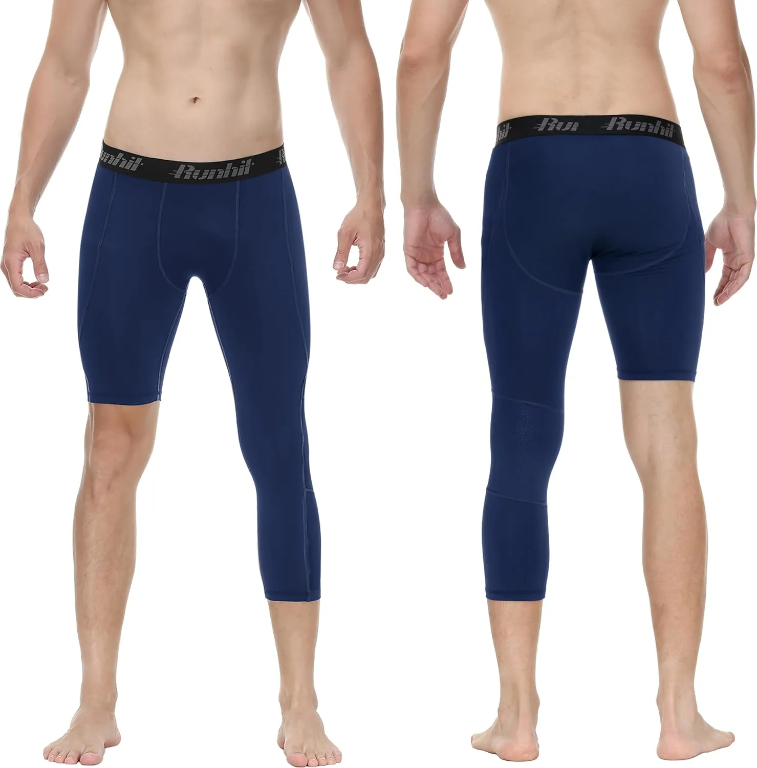 Runhit Men's 3/4 One Leg Compression Tights Single Leg Basketball Compression Pants Leggings Base Layer for Athletic