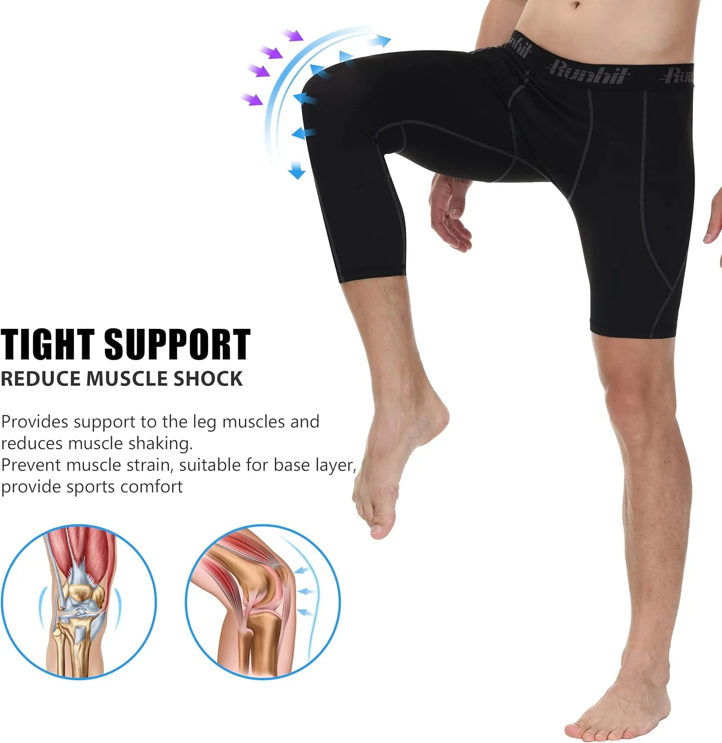 Runhit Men's 3/4 One Leg Compression Tights Single Leg Basketball Compression Pants Leggings Base Layer for Athletic
