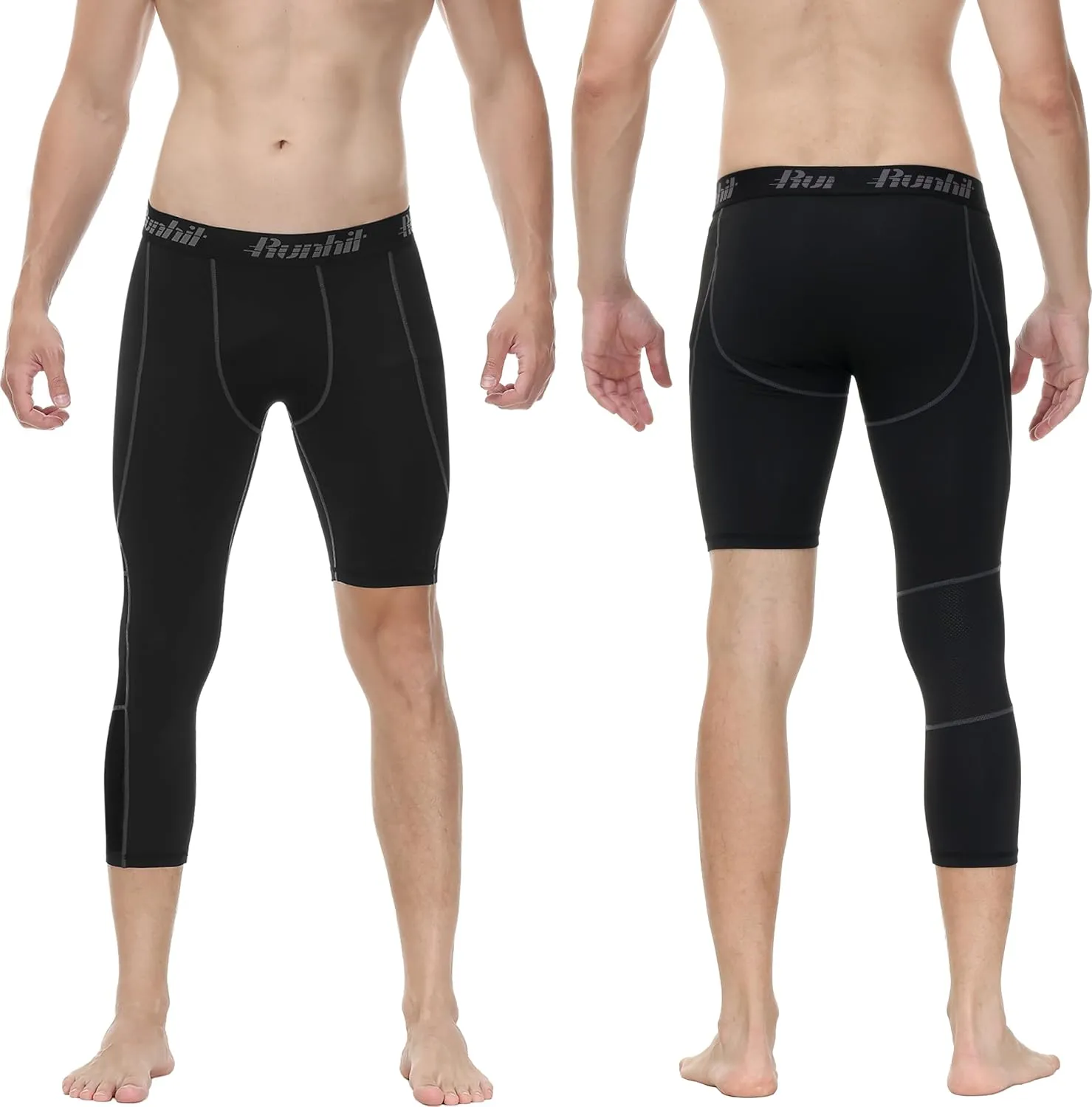 Runhit Men's 3/4 One Leg Compression Tights Single Leg Basketball Compression Pants Leggings Base Layer for Athletic