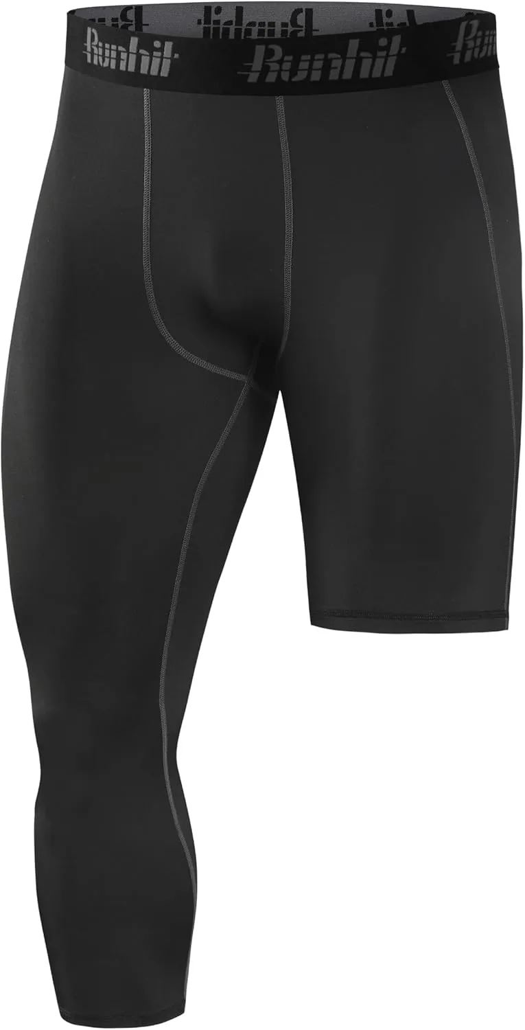 Runhit Men's 3/4 One Leg Compression Tights Single Leg Basketball Compression Pants Leggings Base Layer for Athletic