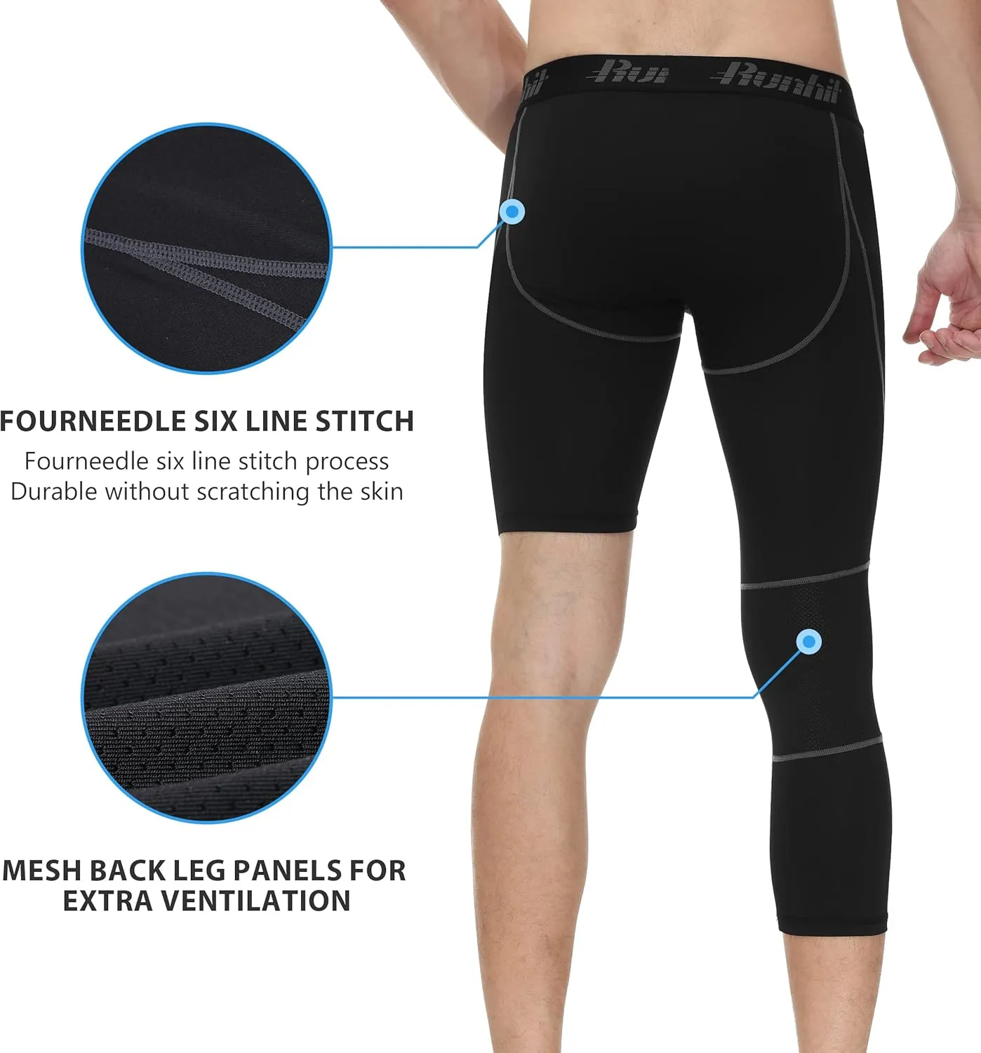Runhit Men's 3/4 One Leg Compression Tights Single Leg Basketball Compression Pants Leggings Base Layer for Athletic