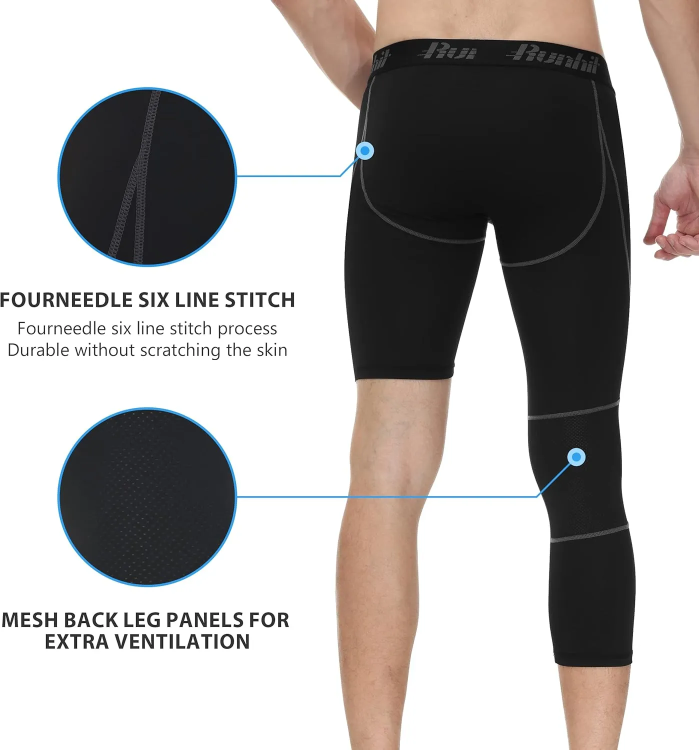 Runhit Men's 3/4 One Leg Compression Tights Single Leg Basketball Compression Pants Leggings Base Layer for Athletic