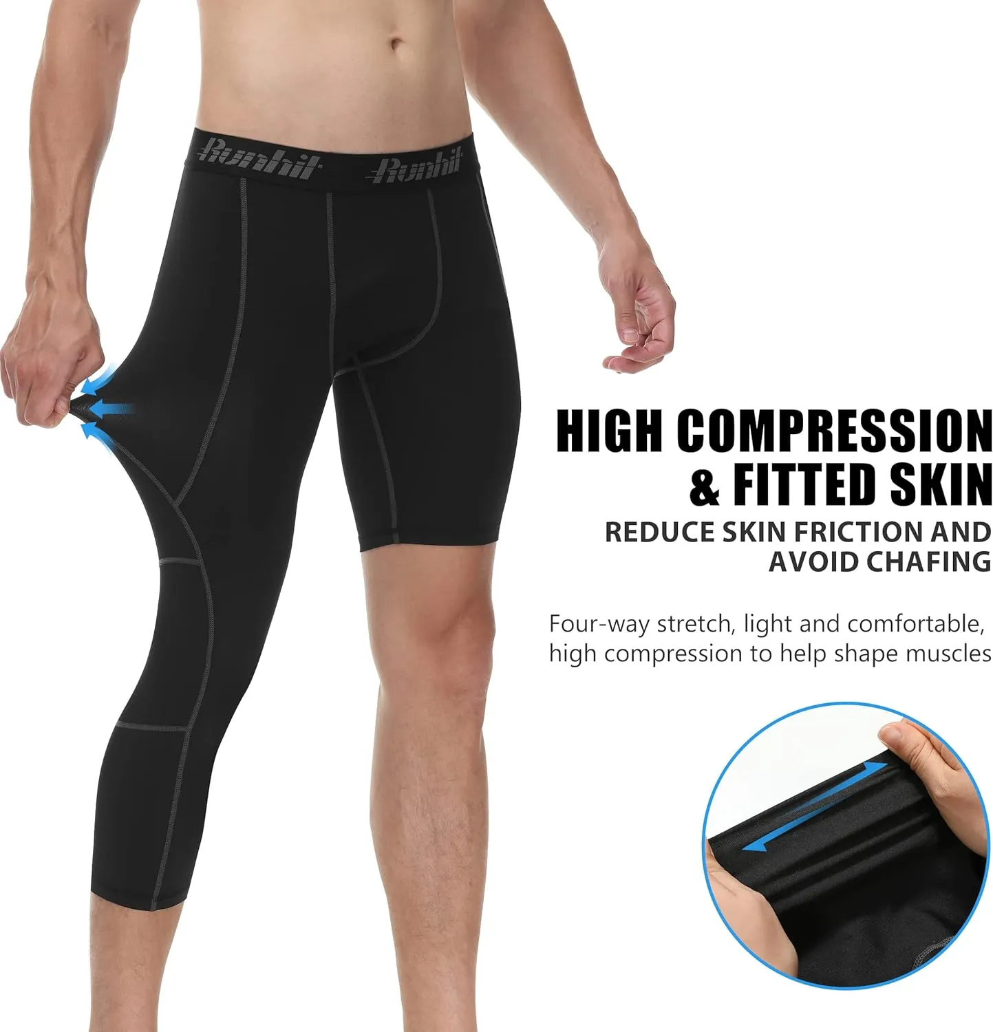 Runhit Men's 3/4 One Leg Compression Tights Single Leg Basketball Compression Pants Leggings Base Layer for Athletic