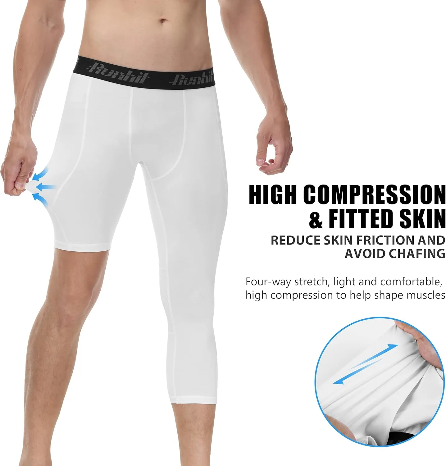 Runhit Men's 3/4 One Leg Compression Tights Single Leg Basketball Compression Pants Leggings Base Layer for Athletic
