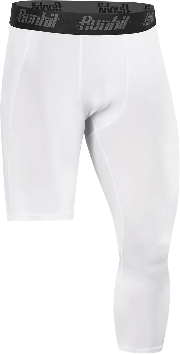 Runhit Men's 3/4 One Leg Compression Tights Single Leg Basketball Compression Pants Leggings Base Layer for Athletic