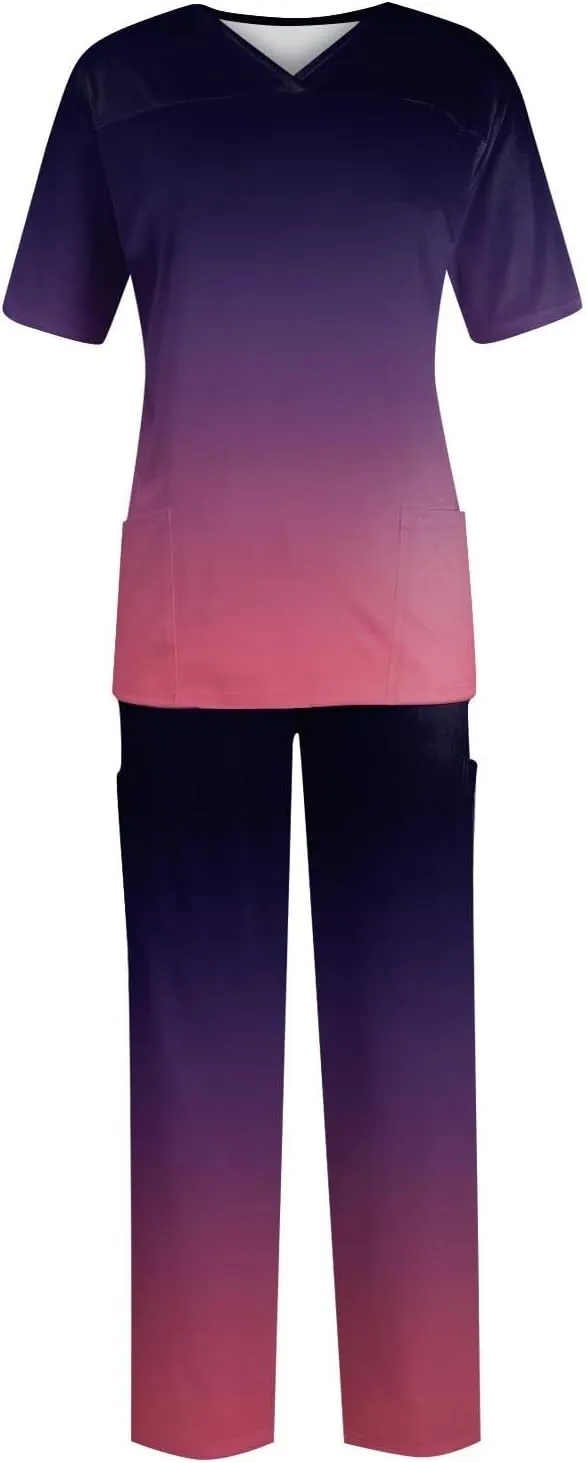 Scrubs Set for Women Nurse Uniform Jogger Suit Stretch Top & Pants with Multi Pocket for Nurse Gradient Workwear