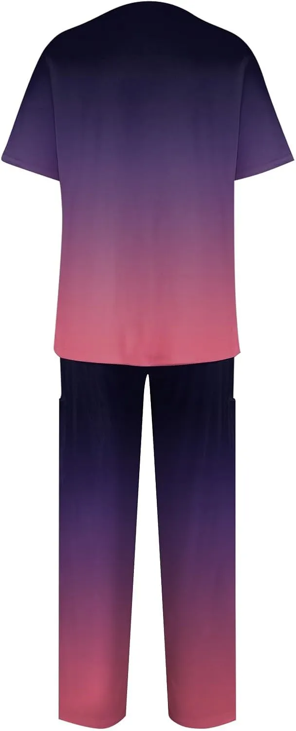 Scrubs Set for Women Nurse Uniform Jogger Suit Stretch Top & Pants with Multi Pocket for Nurse Gradient Workwear