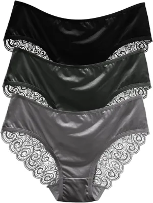 Seamless Satin Underwear for Women Mesh Lace Low Rise No Show Panties Ladies Bikini Hipster Cheeky Briefs 3 Pack