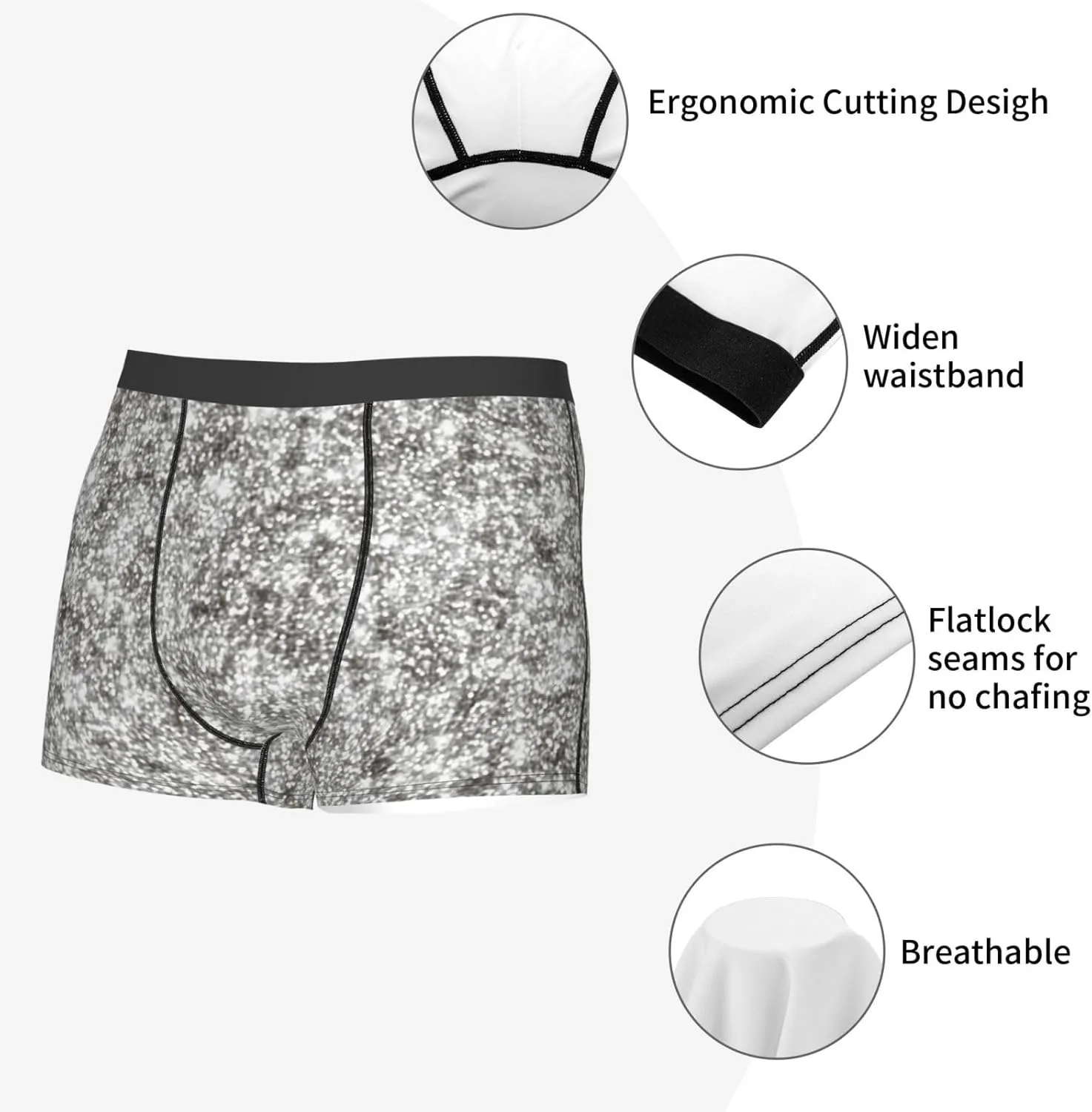 Silver Glitter Print Boxer Briefs For Men Breathable Underwear-