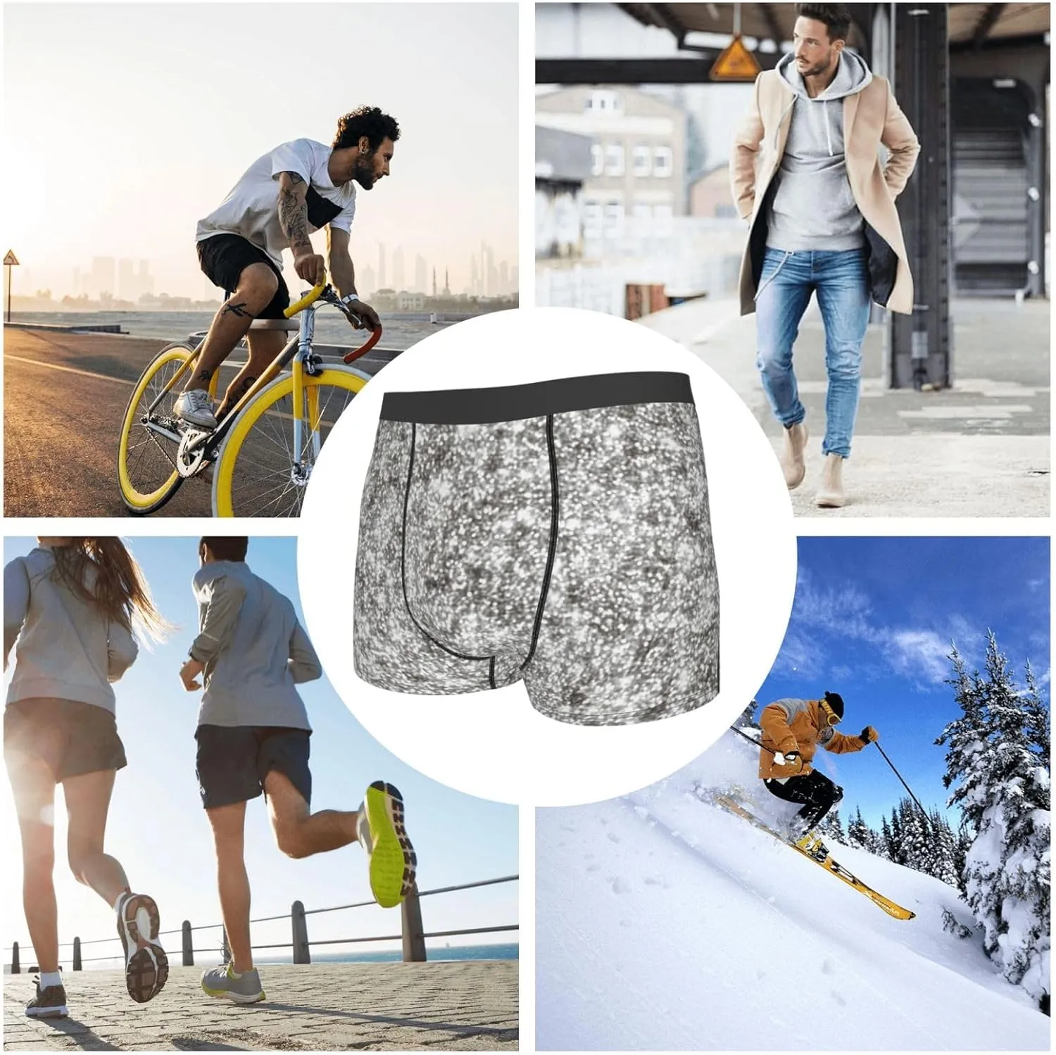 Silver Glitter Print Boxer Briefs For Men Breathable Underwear-