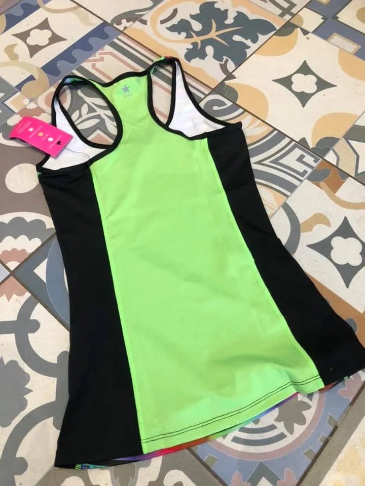 South Beach Green & Black Panel with Neon Trim Racer Back Tank Top Gym Activewear