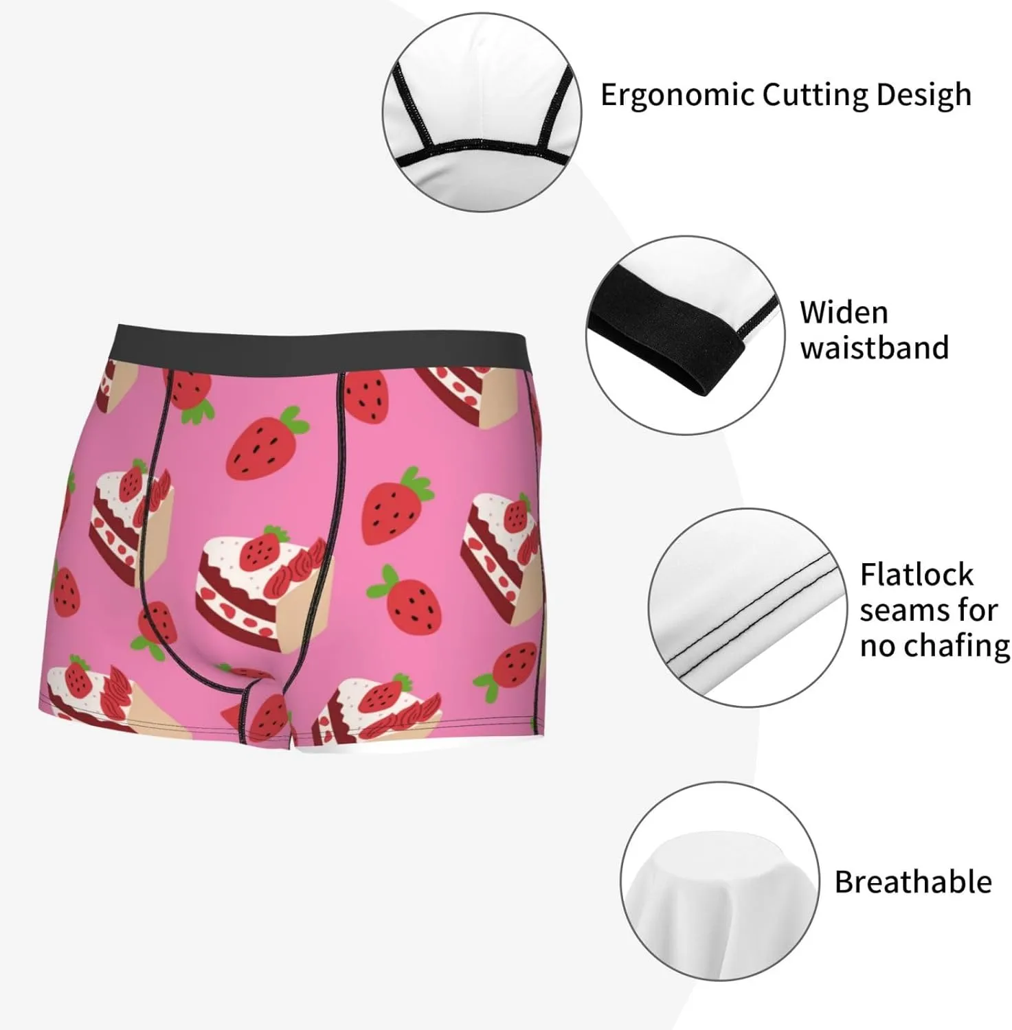 Strawberry Cake Print Boxer Briefs For Men Breathable Underwear-