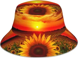 Sunset Sunflower Bucket Hat for Men Women Fashion Sun Cap Packable Outdoor Fisherman Cap Visor Hat Black