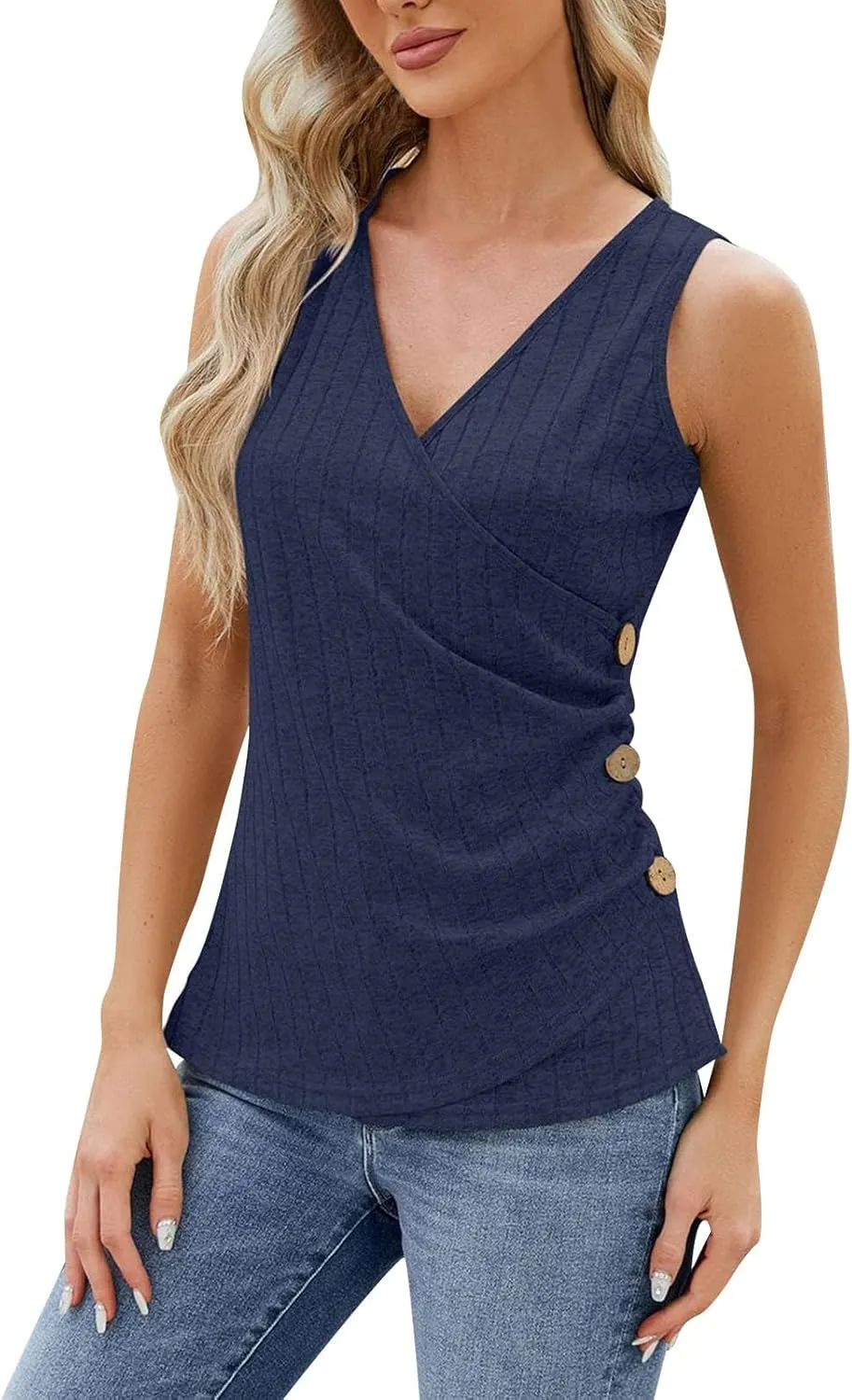 Tank Top for Women Wrap Ruched V-Neck T Shirts Solid Button Design Slim Fit Casual Blouses Holiday Summer Tee Top