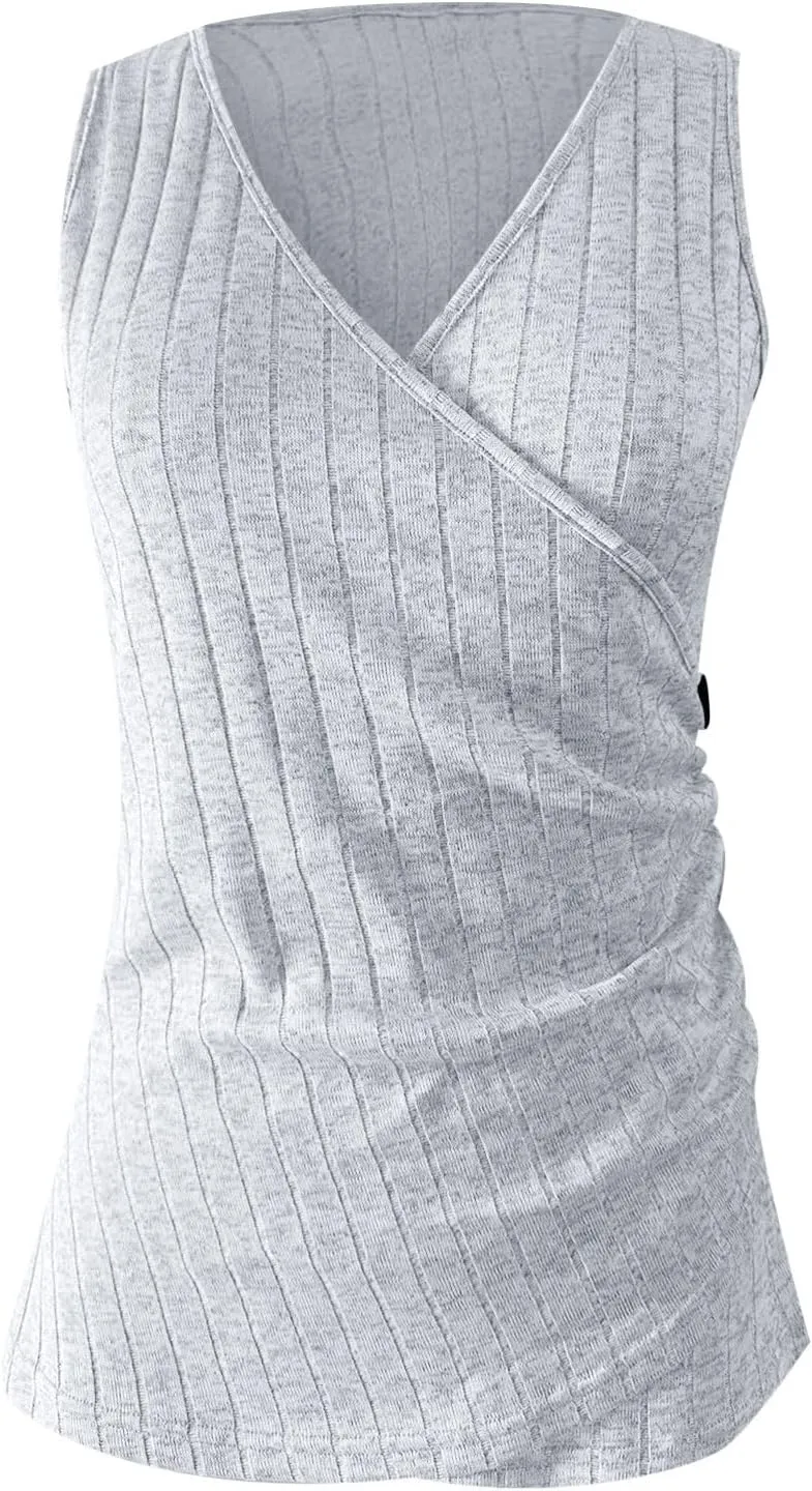 Tank Top for Women Wrap Ruched V-Neck T Shirts Solid Button Design Slim Fit Casual Blouses Holiday Summer Tee Top