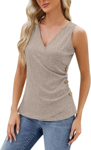 Tank Top for Women Wrap Ruched V-Neck T Shirts Solid Button Design Slim Fit Casual Blouses Holiday Summer Tee Top
