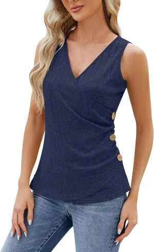 Tank Top for Women Wrap Ruched V-Neck T Shirts Solid Button Design Slim Fit Casual Blouses Holiday Summer Tee Top
