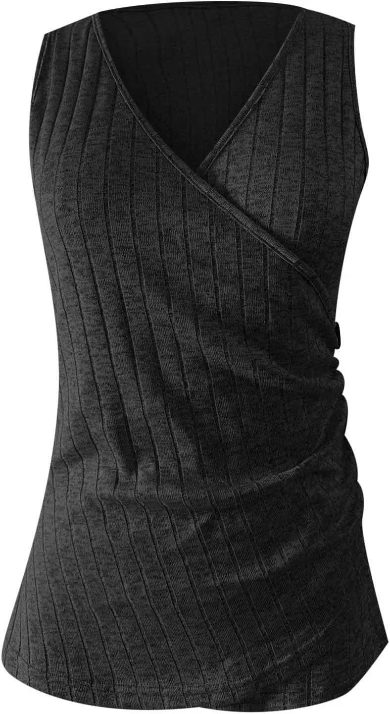 Tank Top for Women Wrap Ruched V-Neck T Shirts Solid Button Design Slim Fit Casual Blouses Holiday Summer Tee Top