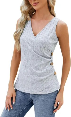 Tank Top for Women Wrap Ruched V-Neck T Shirts Solid Button Design Slim Fit Casual Blouses Holiday Summer Tee Top