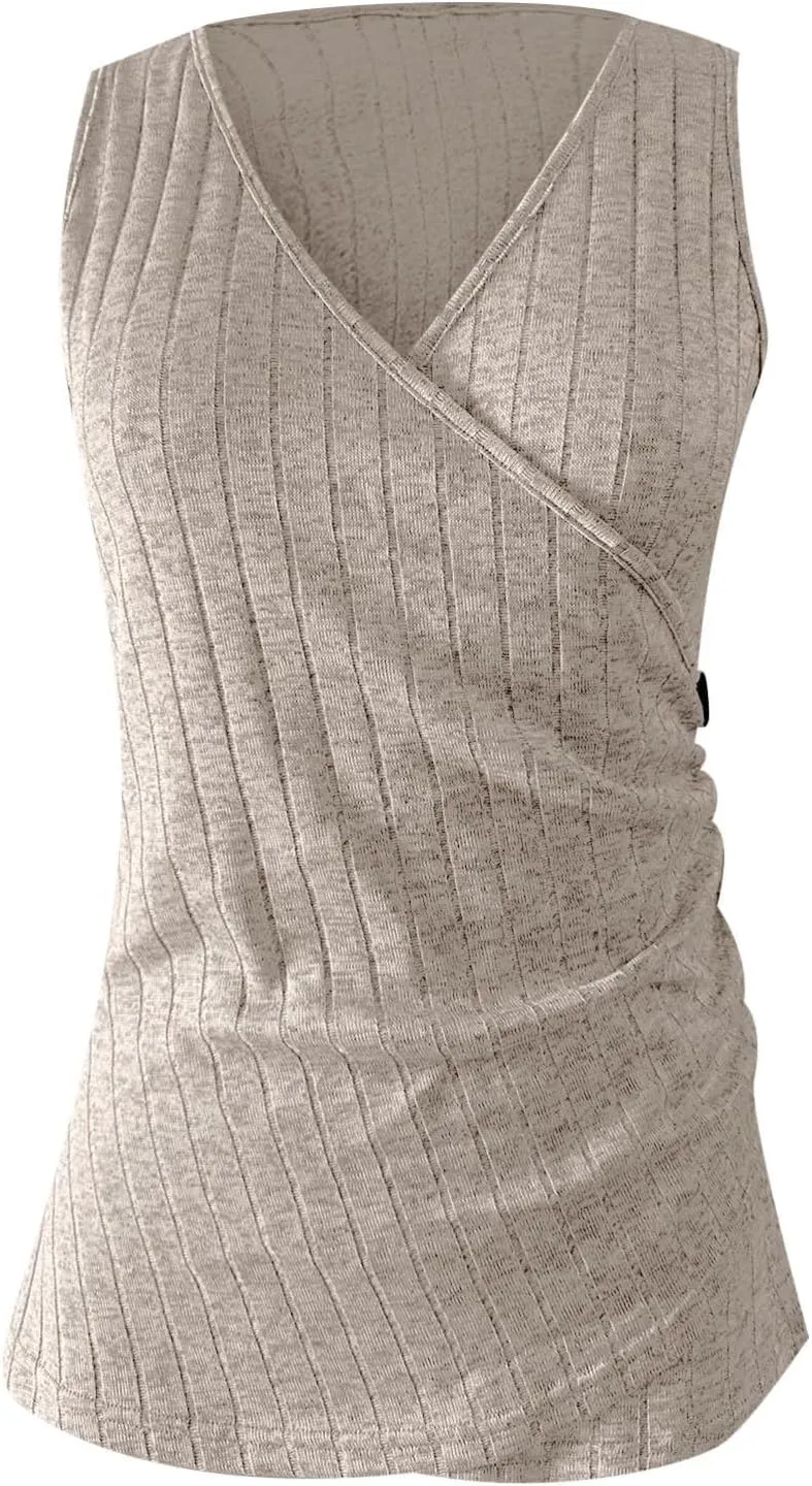 Tank Top for Women Wrap Ruched V-Neck T Shirts Solid Button Design Slim Fit Casual Blouses Holiday Summer Tee Top