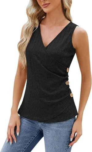 Tank Top for Women Wrap Ruched V-Neck T Shirts Solid Button Design Slim Fit Casual Blouses Holiday Summer Tee Top