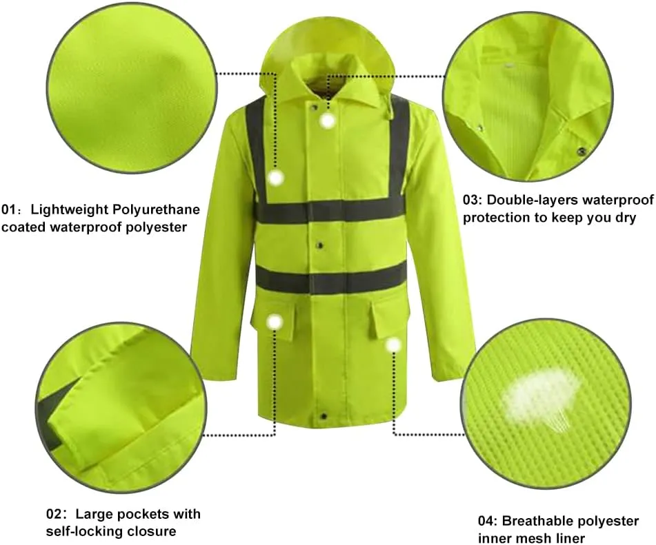 TopTie Custom Reflective Silver Safety Rain Jacket ANSI Rainproof Lightweight Hi Vis Wind Breaker Workwear-Yellow-M