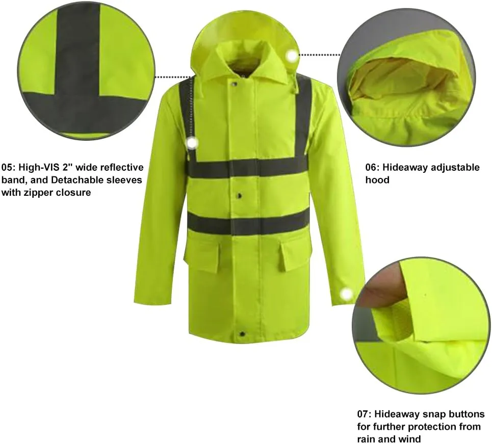 TopTie Custom Reflective Silver Safety Rain Jacket ANSI Rainproof Lightweight Hi Vis Wind Breaker Workwear-Yellow-M
