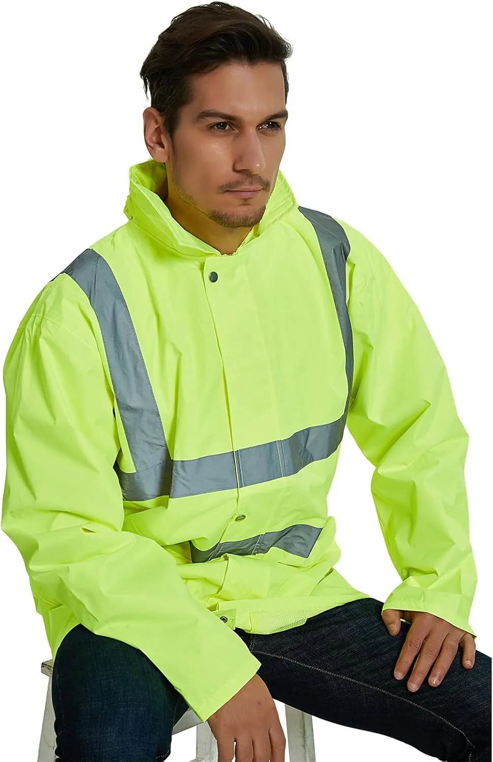 TopTie Custom Reflective Silver Safety Rain Jacket ANSI Rainproof Lightweight Hi Vis Wind Breaker Workwear-Yellow-M