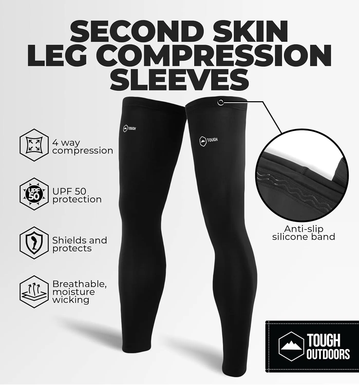 Tough Outdoors Compression Leg Sleeves - Full Leg Compression Sleeve for Men & Women, UV Leg Sleeves - Cycling Leg Warmers