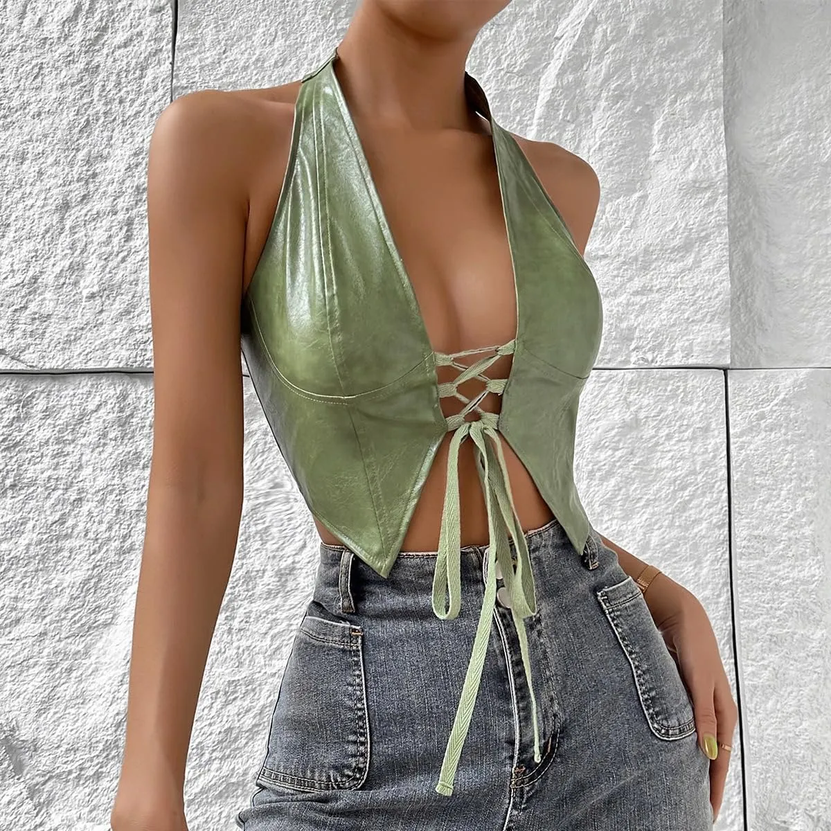 Trendy Faux Leather Halter Crop Tops for Women - Sexy Deep V-Neck, Tie-Front, Clubwear, Street Style & Party