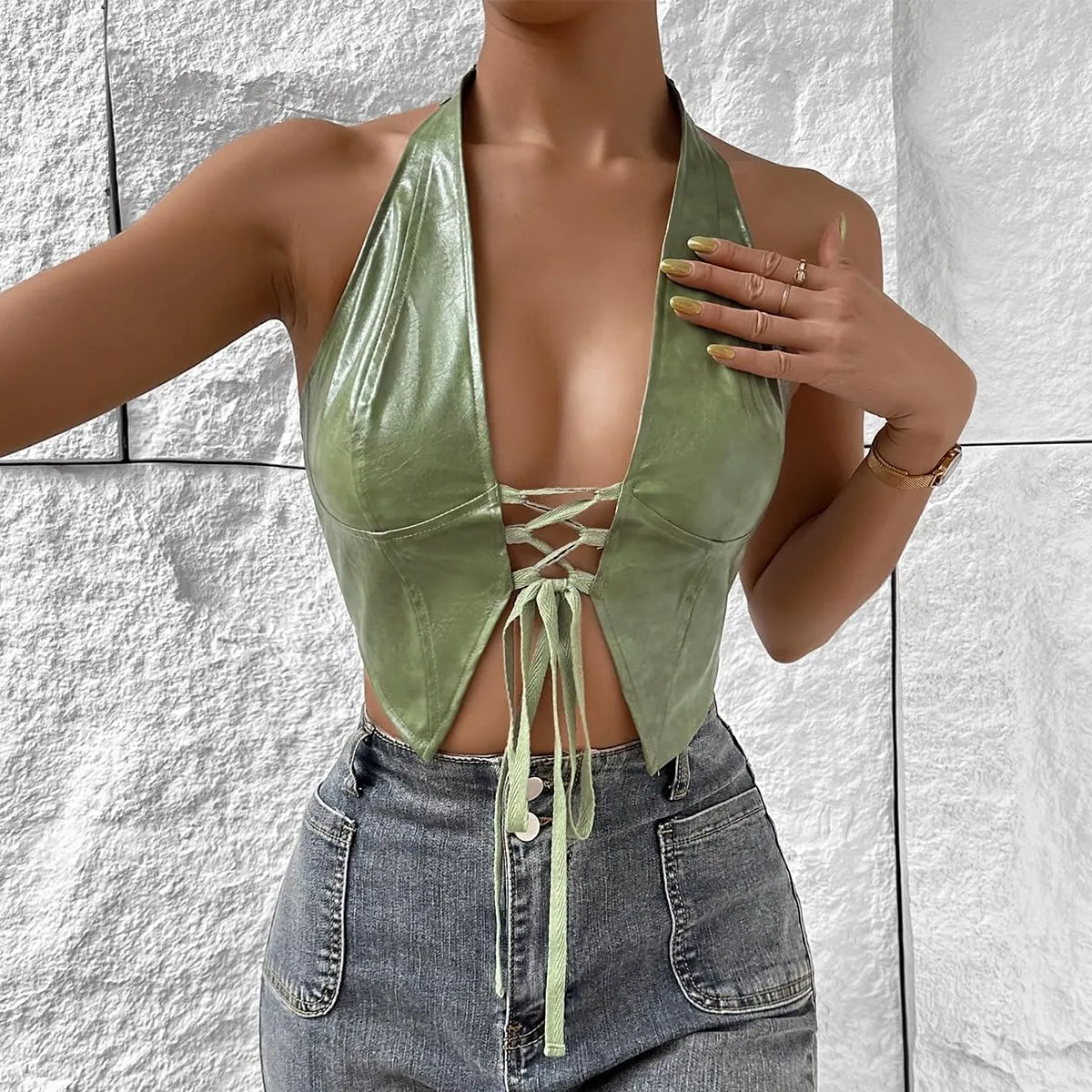 Trendy Faux Leather Halter Crop Tops for Women - Sexy Deep V-Neck, Tie-Front, Clubwear, Street Style & Party