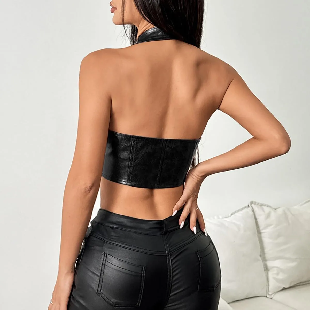Trendy Faux Leather Halter Crop Tops for Women - Sexy Deep V-Neck, Tie-Front, Clubwear, Street Style & Party