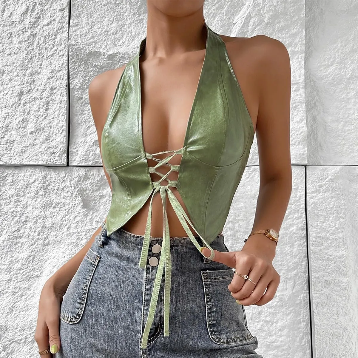 Trendy Faux Leather Halter Crop Tops for Women - Sexy Deep V-Neck, Tie-Front, Clubwear, Street Style & Party