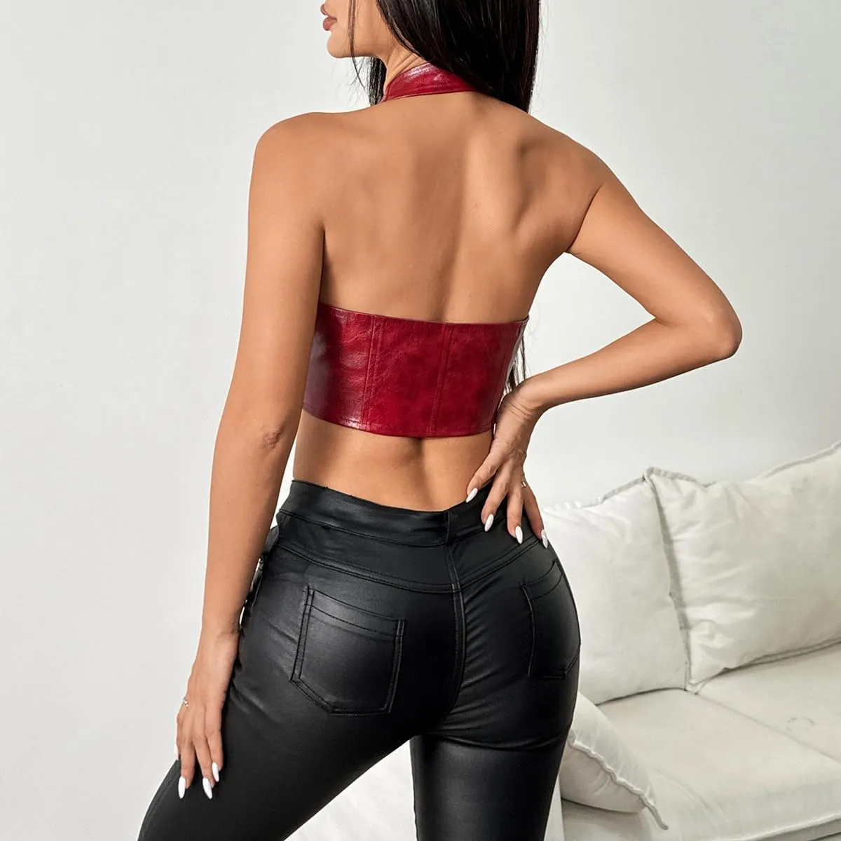 Trendy Faux Leather Halter Crop Tops for Women - Sexy Deep V-Neck, Tie-Front, Clubwear, Street Style & Party
