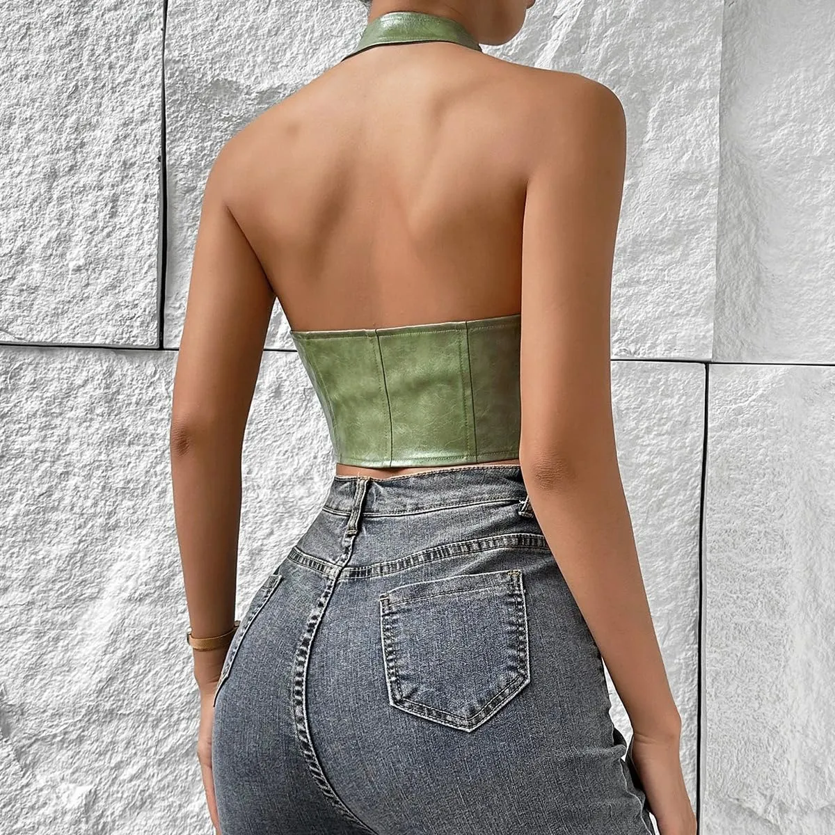 Trendy Faux Leather Halter Crop Tops for Women - Sexy Deep V-Neck, Tie-Front, Clubwear, Street Style & Party