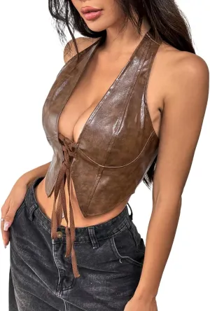 Trendy Faux Leather Halter Crop Tops for Women - Sexy Deep V-Neck, Tie-Front, Clubwear, Street Style & Party