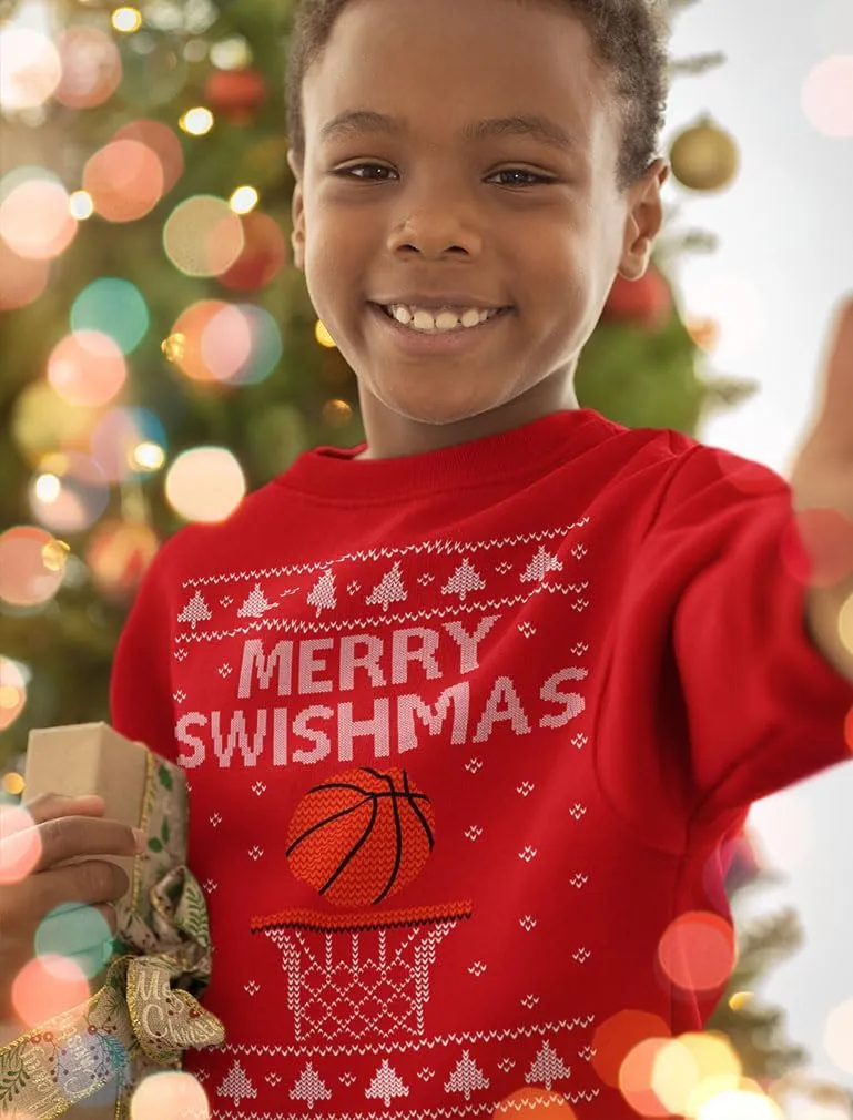 Tstars Basketball Boys Ugly Christmas Sweater Style Sweatshirt Merry Swishmas Xmas Holiday Youth Kids Sweatshirts