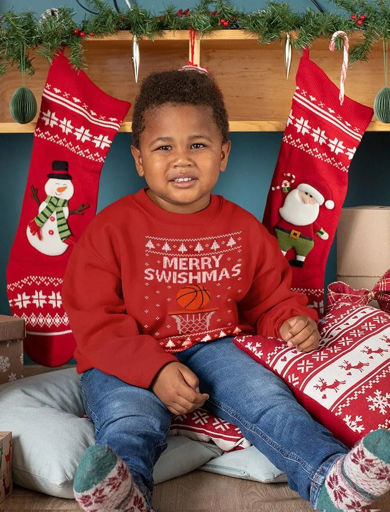 Tstars Basketball Boys Ugly Christmas Sweater Style Sweatshirt Merry Swishmas Xmas Holiday Youth Kids Sweatshirts