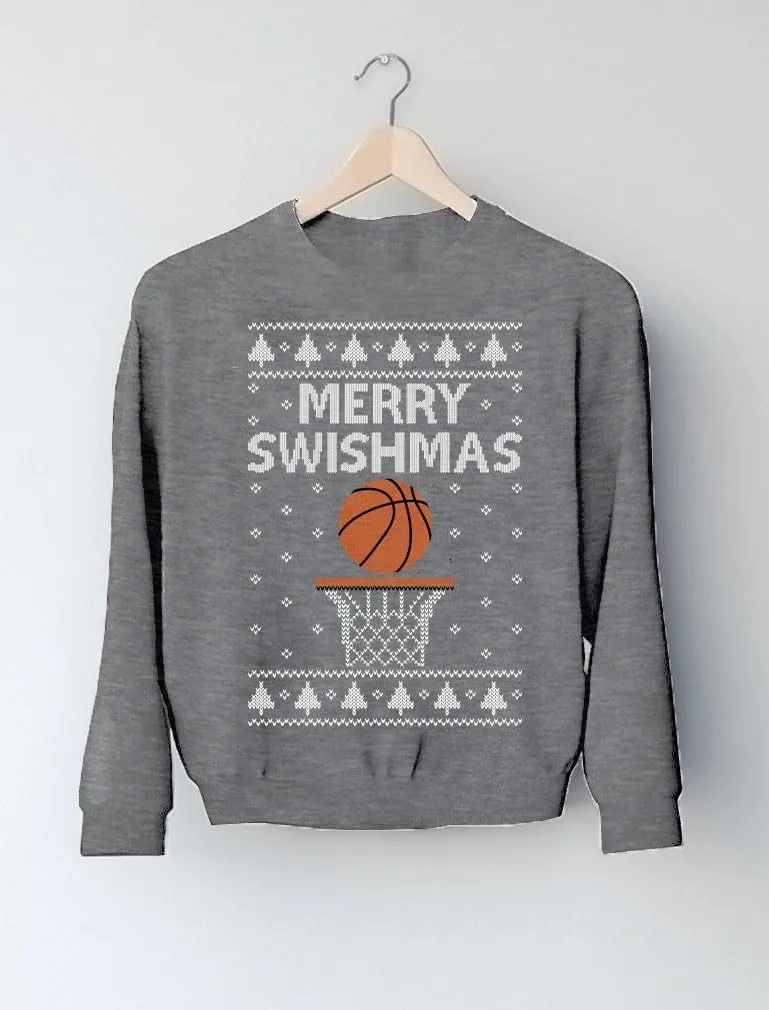 Tstars Basketball Boys Ugly Christmas Sweater Style Sweatshirt Merry Swishmas Xmas Holiday Youth Kids Sweatshirts