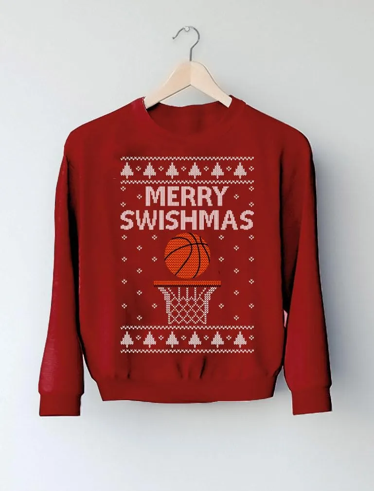 Tstars Basketball Boys Ugly Christmas Sweater Style Sweatshirt Merry Swishmas Xmas Holiday Youth Kids Sweatshirts