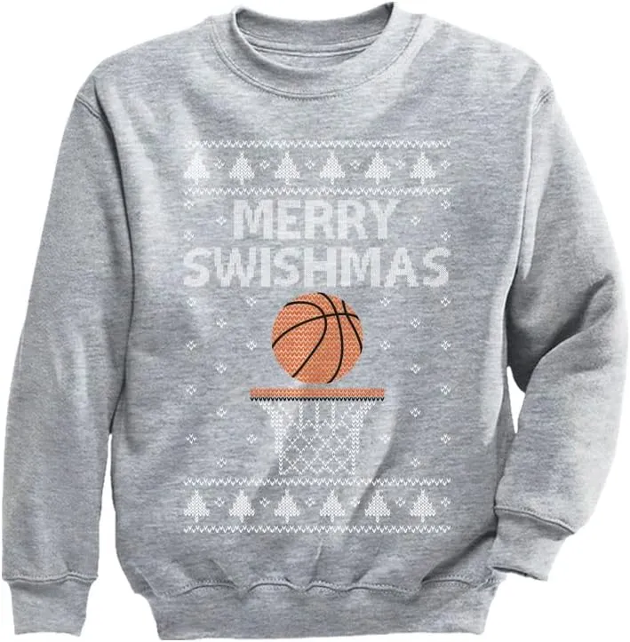 Tstars Basketball Boys Ugly Christmas Sweater Style Sweatshirt Merry Swishmas Xmas Holiday Youth Kids Sweatshirts