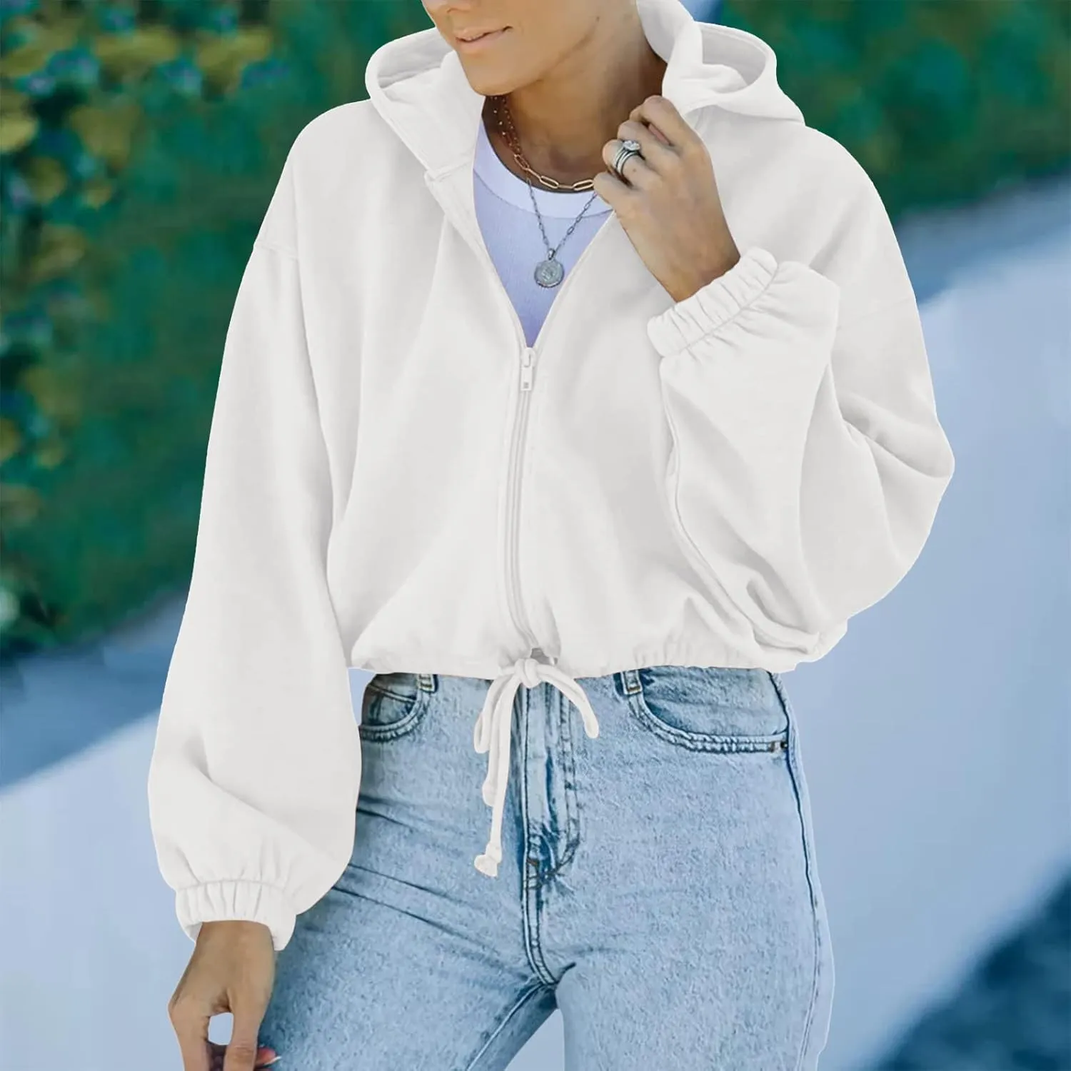 tuduoms Women's Casual Zip Up Hoodies Loose Workout Cute Crop Tops Long Sleeve Drawstring Pullover Hooded Cropped Sweatshirt