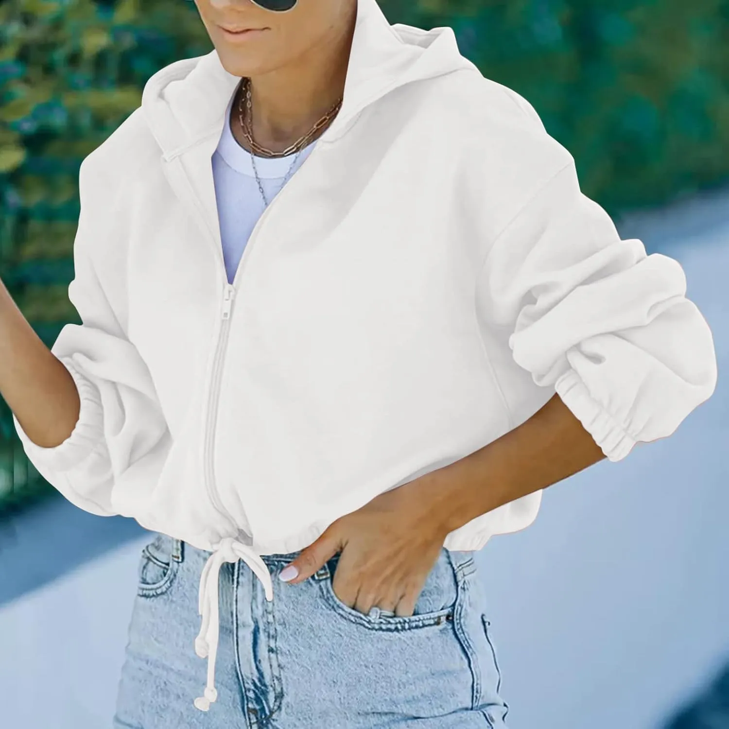 tuduoms Women's Casual Zip Up Hoodies Loose Workout Cute Crop Tops Long Sleeve Drawstring Pullover Hooded Cropped Sweatshirt