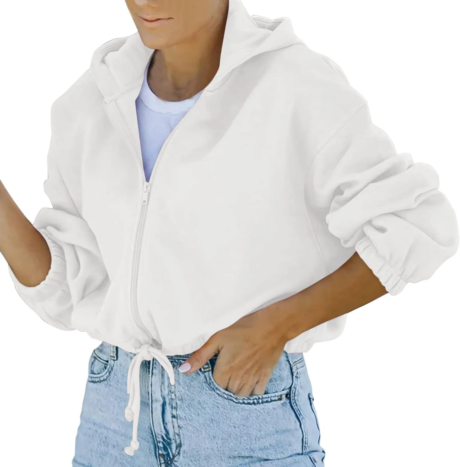 tuduoms Women's Casual Zip Up Hoodies Loose Workout Cute Crop Tops Long Sleeve Drawstring Pullover Hooded Cropped Sweatshirt