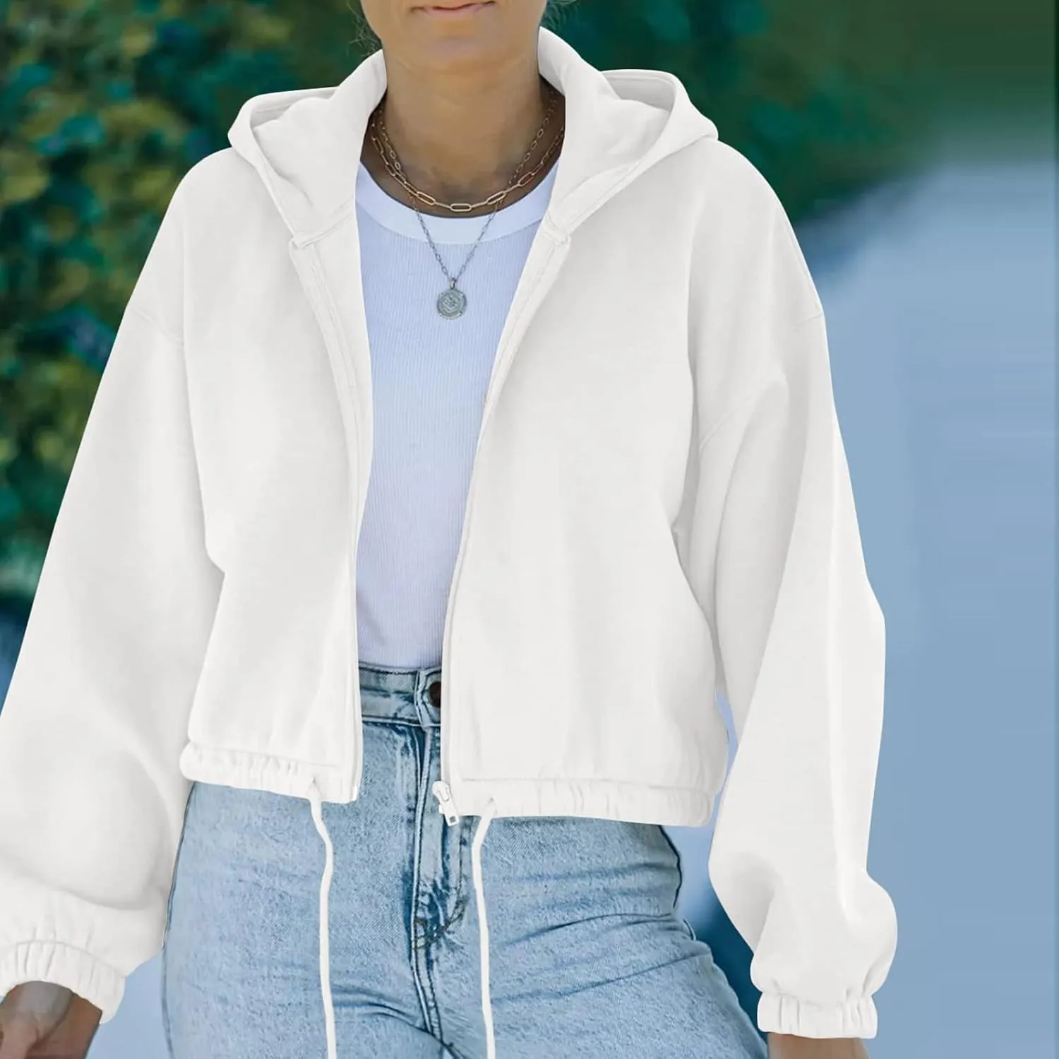 tuduoms Women's Casual Zip Up Hoodies Loose Workout Cute Crop Tops Long Sleeve Drawstring Pullover Hooded Cropped Sweatshirt