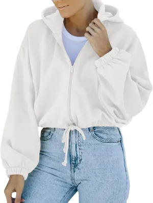tuduoms Women's Casual Zip Up Hoodies Loose Workout Cute Crop Tops Long Sleeve Drawstring Pullover Hooded Cropped Sweatshirt