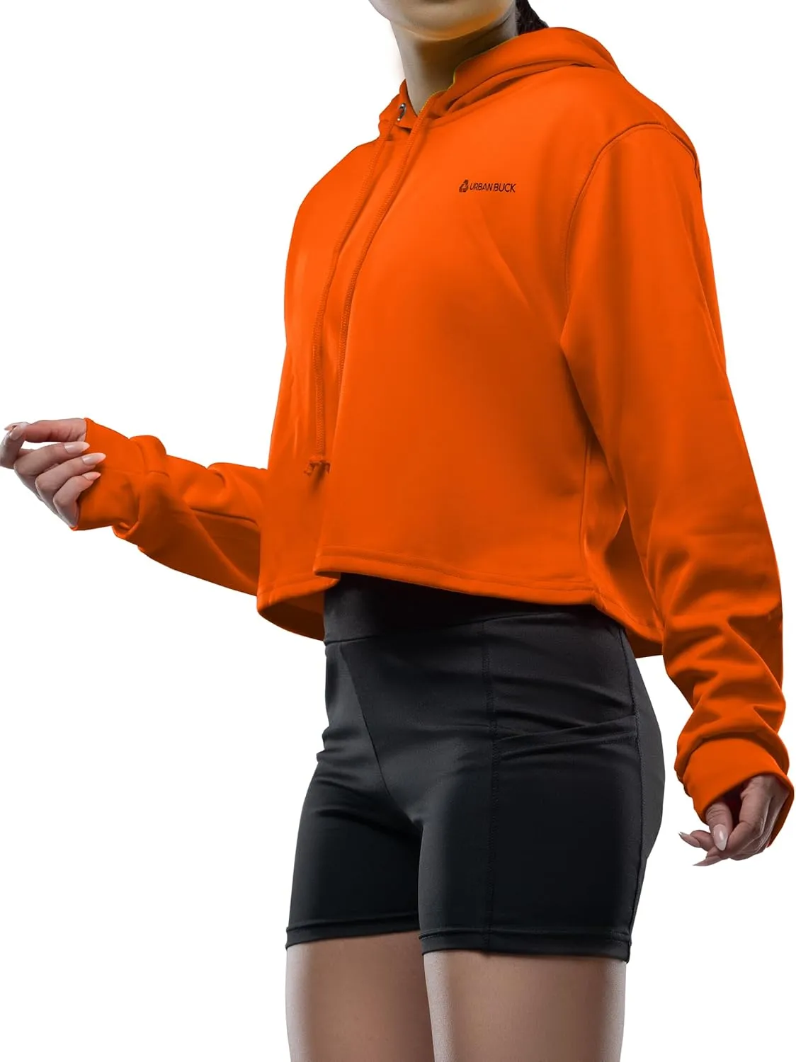 URBAN BUCK Womens Neon Orange Cropped Hoodie Casual High Visibility Long Sleeve Lamey Workout Crop Top Pullover Hooded Sweatshirt (XL)