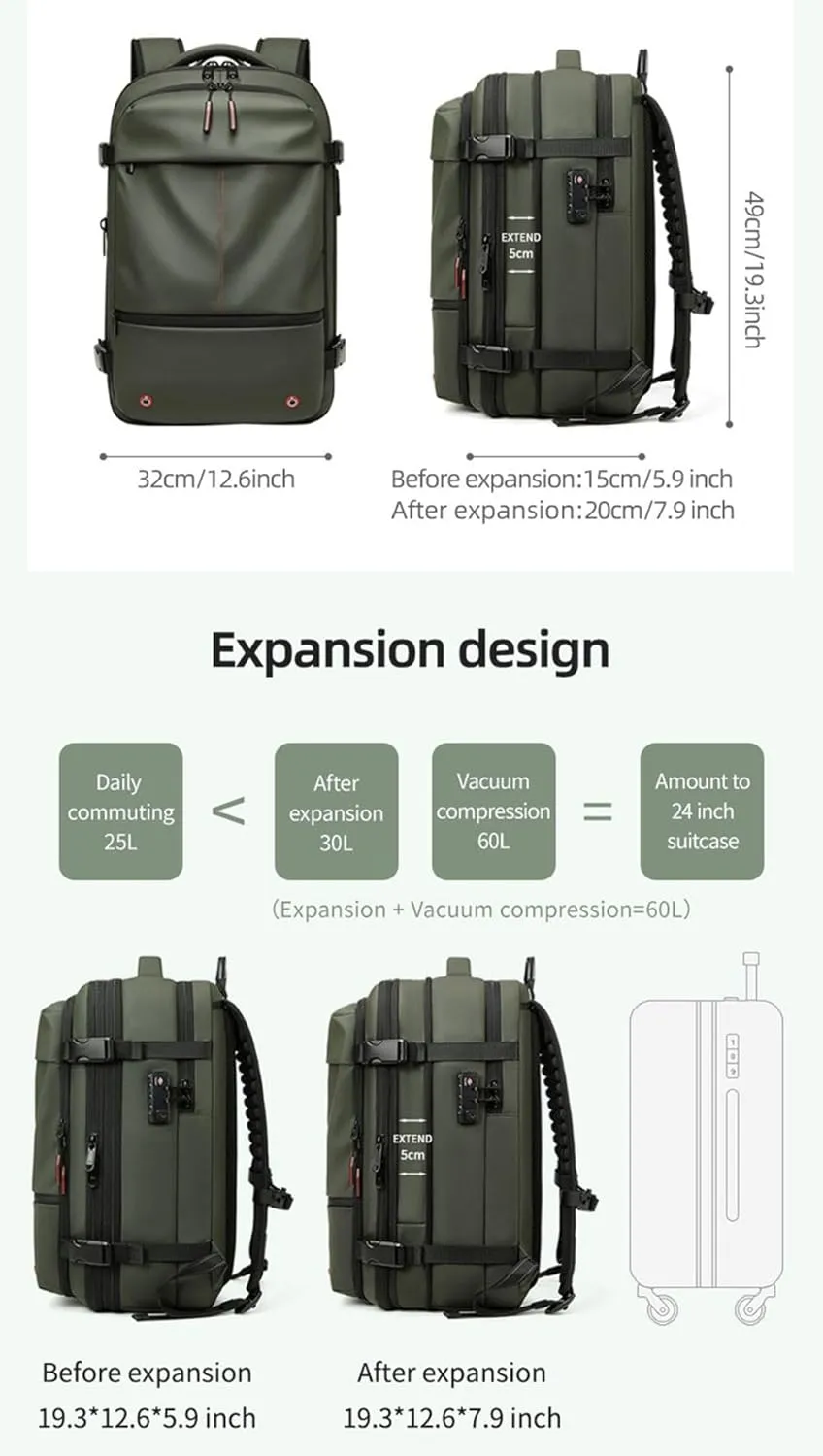 Vacuum Backpack Travel Bag, Compression Backpack with Pump, 60L Expandable Air Compression with Lock,Multi Pocket Waterproof (Black)